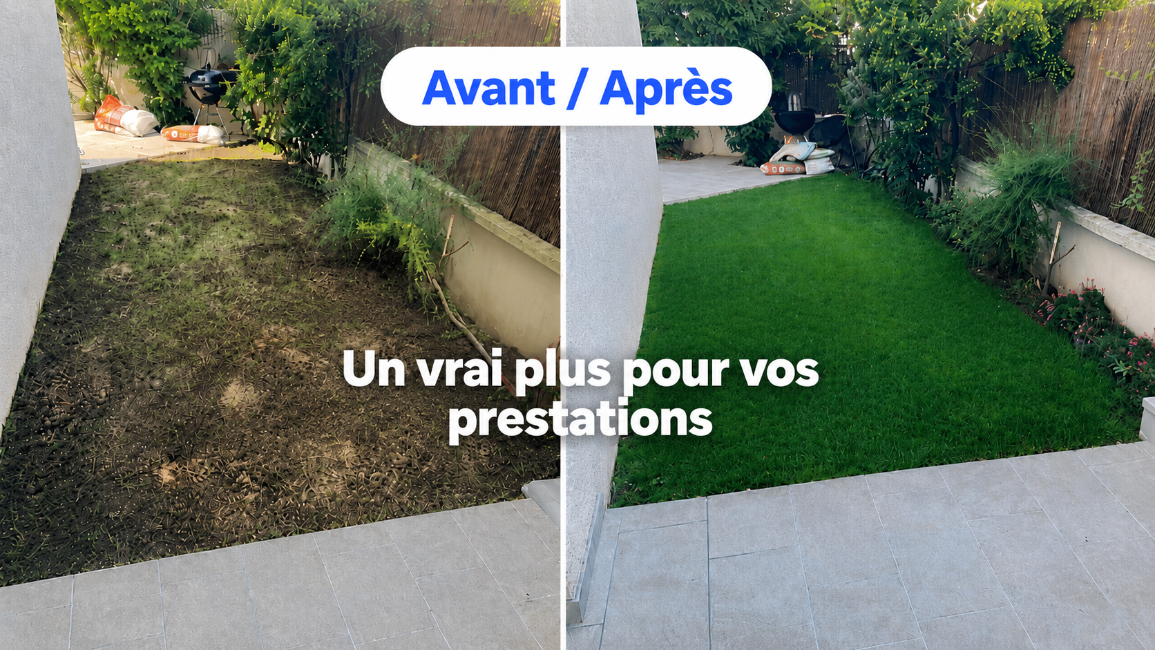 Avant / après une intervention paysagère avec une pelouse densifiée